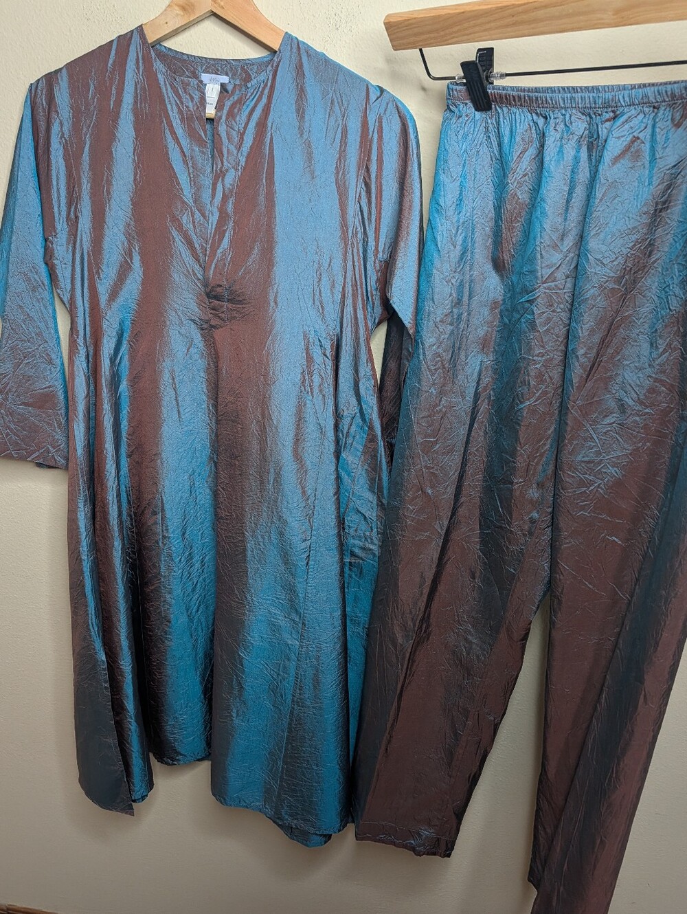 Dosa by Christina Kim 100% Silk Iridescent Tunic and Pants Set Size 1 Teal Brown